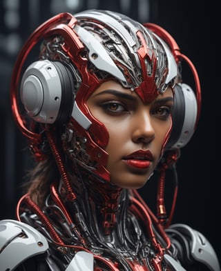 Half Potaret,  amala paul, highly detailed beautiful organic molding, art nouveau, sharp focus, dynamic lighting, elegant harmony, beauty, evolution to robot , full face human cyberpunk, white and red,, ultra hd, realistic, vivid colors, highly detailed, UHD drawing, pen and ink, perfect composition, beautiful detailed intricate insanely detailed octane render trending on artstation, 8k artistic photography, photorealistic concept art, soft natural volumetric cinematic perfect light, Mysterious, smoke, shadows, contrast, clear sky, analog style (look at viewer:1.2) (skin texture) (film grain:1.3), (warm hue, warm tone