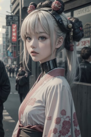 Masterpiece, (real, photo real), best quality, high resolution, perfect details,

A visually impactful fusion of traditional Japanese aesthetics and futuristic elements.  The central character is a humanoid robot specifically designed to look like a female figure in a kimono.  The robot's head is adorned with traditional Japanese hairstyles commonly associated with geisha (white hair), including Shimada-style buns and sacred hairpins.

The mechanical headgear matches the color of the kimono, and the mechanical parts are exposed on the neck, hinting at advanced robotic technology.  The kimono itself is beautifully detailed, with black and dark pink accents on the collar and edges, and black precision manipulator hands.

(street background), mysterious, (cyberpunk style), free pose,