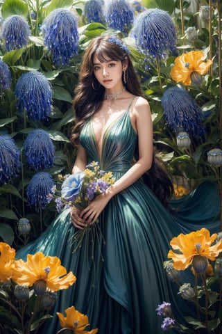 masterpiece, (real, photo real), best quality, high resolution, perfect details,

1girl, solo, long hair, long hair, hair ornament, medium breasts, idol clothes, red dress, bare shoulders, sleeveless, wrist cuffs, detached sleeves, earrings, idolmaster, 

blue choker((huge flower)), (((Platycodon grandiflorum flower))),((( looking at viewer))), bangs, hair flower, colorful dress, , (((colorful flowers))),Fantasy World, cowboy shot, 
