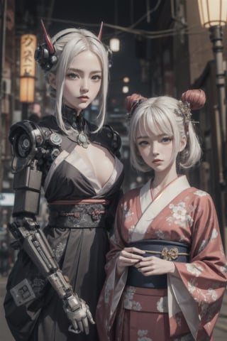 Masterpiece, (real, photo real), best quality, high resolution, perfect details,

A visually impactful fusion of traditional Japanese aesthetics and futuristic elements.  The central character is a humanoid robot specifically designed to look like a female figure in a kimono.  The robot's head is adorned with traditional Japanese hairstyles commonly associated with geisha (white hair), including Shimada-style buns and sacred hairpins.

The mechanical headgear matches the color of the kimono, and the mechanical parts are exposed on the neck, hinting at advanced robotic technology.  The kimono itself is beautifully detailed, with black and dark pink accents on the collar and edges, and black precision manipulator hands.

(street background), mysterious, (cyberpunk style), free pose,