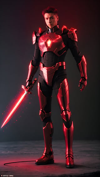 Full body, Male warrior, deep crimson colored cybernetic armor, red metallic head, light particles and holographic information,  neo-futuristic, two long swords, plasma energy, dramatic lighting