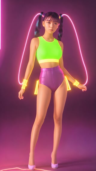 a young woman, full body, street, long black hair, space buns, twintails, bright purple and hot pink neon strings, masterpiece, ultra realistic, high detailed, plasma energy, dramatic lighting