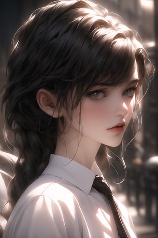 1girl, kafka, Upper body portrait, anime coloring, cinematic light, Neon Theme, Split light, Best quality, masterpiece, Add more details, ,midjourney,semirealistic, SHIRT,Kafka(hsr),Niji,Midjourney