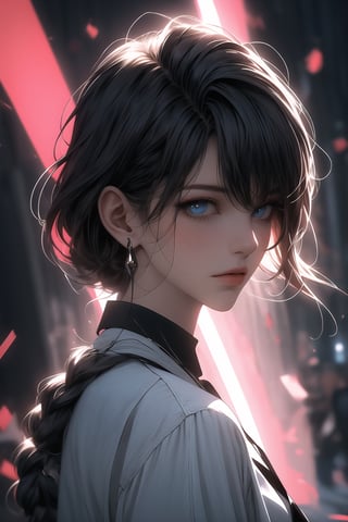 1girl, kafka, Upper body portrait, anime coloring, cinematic light, Neon Theme, Split light, Best quality, masterpiece, Add more details, ,midjourney,semirealistic, SHIRT,Kafka(hsr),Niji