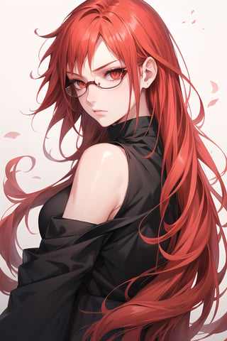 (Masterpiece, highly detailed, best quality), 1girl, solo, karin uzumaki, red hairs, red eyes, glasses,Naruto,Karin_Uzumaki,Karin uzumaki,karin,red hairs