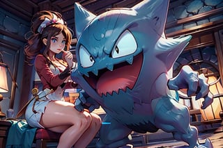 Ultra detailed panoramic shot of hilda playing with a haunter, inside a pokemon center, big well rounded thighs, girl, Hilda (pokemon), Haunter_Pokemon