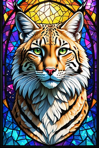 (best quality:1.33),  (masterpiece:1.42), (detailed:1.15),  (high_res), ultra realistic, beautyfull iberian lynx composed by litlle crystal fractals looking to a big glowing moon at the most amazing sky in stained glass style ,shards,rivghn,glass,EpicSky