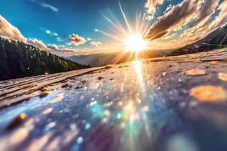 (best quality:1.33),  (masterpiece:1.42), (detailed:1.15),  (high_res), a panoramic shot take from the ground, camera on the floor with focus centered at the midday sun, glowing beautyfully, with a heavens aura. on the edge of this image one hand trying to reach the sun ,EpicSky,cloud