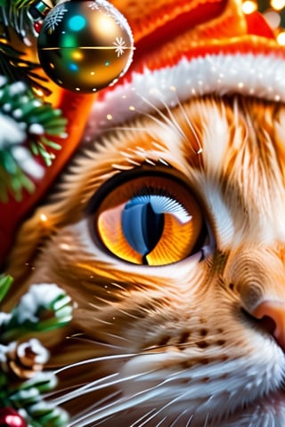 Ultra detailed draw, 8k, a close up in a orange cat eye with a big and brilhant christmas tree image reflected in it.