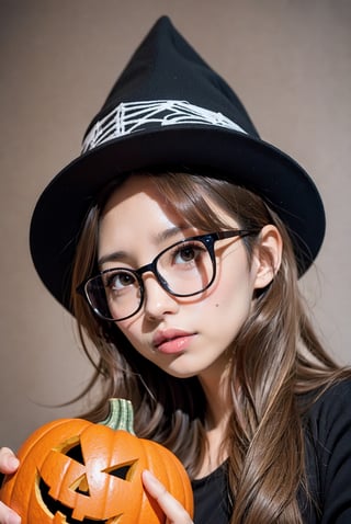 1girl,  solo,  blonde hair,  long hair,  glasses, (forehead:1.3)20yo,
BREAK
(Halloween Background）（Pumpkin:1.1)
black witch,hat