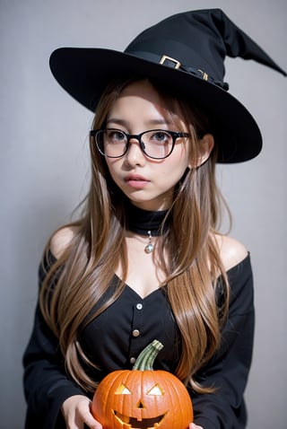 1girl,  solo,  blonde hair,  long hair,  glasses, (forehead:1.3)14yo,
BREAK
(Halloween）（Pumpkin:1.1)
black witch,hat
