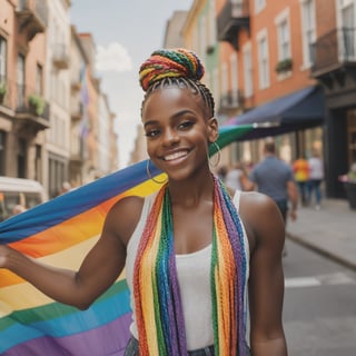 A joyful young woman stands outdoors in an urban setting, proudly holding up a large rainbow pride flag behind her. She has dark skin, bright eyes, and a wide smile. Her hair is styled in long, intricate braids, some of which are wrapped into a high bun on top of her head. She is wearing a black top and large hoop earrings. The background features tall buildings and a city street, slightly out of focus, giving the image a vibrant, celebratory atmosphere. The sunlight illuminates her face and the flag, emphasizing the colorful stripes of the flag and her enthusiastic expression.