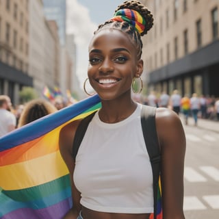 A joyful young woman with masculine face stands outdoors in an urban setting, proudly holding up a large rainbow pride flag behind her. She has dark skin, bright eyes, and a wide smile. Her hair is styled in long, intricate braids, some of which are wrapped into a high bun on top of her head. She is wearing a black top and large hoop earrings. The background features tall buildings and a city street, slightly out of focus, giving the image a vibrant, celebratory atmosphere. The sunlight illuminates her face and the flag, emphasizing the colorful stripes of the flag and her enthusiastic expression.