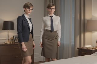 [nsfw], raw full body photograph, (bedroom environment), two gentlemen standing by one pretty office 35 years old lady, pretty face, brown, pixie cut hair, eyeglasses, (elegant office outfit:1.2), (gabardine knee-long skirt:1.3), 5 deniers transparent pantyhose, night-time