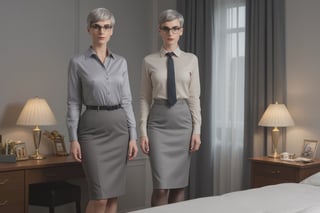 [nsfw], raw full body photograph, (bedroom environment), two gentlemen standing by one pretty office 35 years old lady, pretty face, grey, pixie cut hair, eyeglasses, (elegant office outfit:1.2), (gabardine knee-long skirt:1.3), 5 deniers transparent pantyhose, night-time