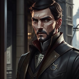 Padro Pascal in the style of Dishonored 2 concept art, Meybis Ruiz Cruz