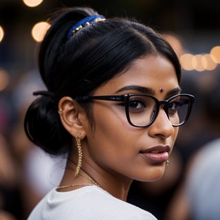 full format photo-realistic image of an Indian woman, black ponytail, She is wearing glasses, confident hype expression, wearing a navy blue ribbed T-shirt that is tight-fitting, a curvy figure, big nose,

standing in a crowd at a music festival, party lights, night, candid photo, full body, ((wide angle shot)), 

dark skin, nice skin, natural skin texture, highly detailed 8k skin texture, 

detailed face, detailed nose, realism, realistic, raw, photorealistic, stunning realistic photograph, smooth, actress 
