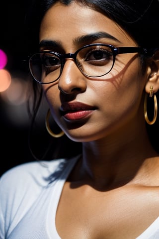 full format photo-realistic wide shot image of a Pakistani woman, Radhika Apte, Priyanka Chopra Jonas, short ponytail, wearing glasses, confident hype expression, wearing a navy blue ribbed T-shirt that is tight-fitting, a curvy figure, big nose,

standing in a crowd at a music festival, colorful party lights, night, candid photo, full body shot, ((wide shot)), low angle shot, 

small gold earings, dark skin, nice skin, natural skin texture, highly detailed 8k skin texture, 

detailed face, detailed nose, realism, realistic, raw, photorealistic, stunning realistic photograph, smooth, actress ,more detail 