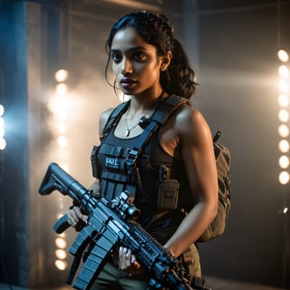 Full format imax portrait of Sobhita Dhulipala Zoe Kravitz, sci-fi PMC, solo, upper body, weapon, blurry, gun, backpack, rifle, female muscular body, realistic, assault rifle, load bearing vest, bokeh lights, dark room, dramatic lighting, close up, In the style of Dev Patel,more detail XL,aesthetic portrait
