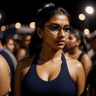 full format photo-realistic image of an Indian woman, black ponytail, She is wearing glasses, confident hype expression, wearing a navy blue ribbed T-shirt that is tight-fitting, a curvy figure, big nose,

standing in a crowd at a music festival, party lights, night, candid photo, ((wide angle shot)), 

dark skin, nice skin, natural skin texture, highly detailed 8k skin texture, 

detailed face, detailed nose, realism, realistic, raw, photorealistic, stunning realistic photograph, smooth, actress 