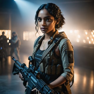 Full format imax portrait of Sobhita Dhulipala Zoe Kravitz, sci-fi PMC, solo, upper body, weapon, blurry, gun, backpack, rifle, realistic, assault rifle, load bearing vest, bokeh lights, dark room, dramatic lighting, close up, In the style of Dev Patel,more detail XL,aesthetic portrait