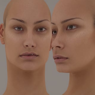 , symmetrical studio portrait of (hairless) Female, overcast lighting, symmetrical diffused lighting, nice skin, natural skin texture, dry skin, ((head facing forward symmetrically)), head and neck fully framed, highly detailed 8k skin texture, plane grey background, in the style of Daniel Boschung's FACE CARTOGRAPHY, 

detailed face, detailed nose, realism, realistic, raw, photorealistic, stunning realistic photograph, smooth,AlbedoF,albedoF