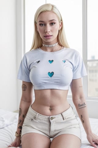 full format Instagram photo of ((Karol G)), 

((hourglass figure)), (((thin waist))), long blue hair, ((((white blank T-shirt)))), thigh shorts, Iggy Azalea body figure, 

lying on her back, wide shot, waist up, 

in bed, overexposed morning sun shining from the window, top-down view, wide angle, in the style of an Instagram model, with the body of Iggy Azalea, Crop top overhang