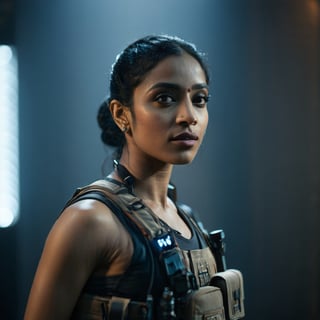 (((Full format imax still from a film))) of Sobhita Dhulipala Zoe Kravitz, sci-fi PMC, solo, weapon, blurry, ((muscular body)}, realistic, full load bearing vest, ultra realistic detail, bokeh, dark room, intimate lighting, chest up, ((Close up Portrait)), In the style of Gareth Edwards, more detail XL,aesthetic portrait,Indian, cinematic moviemaker style