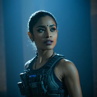 (((Full format imax still from a film))) of Sobhita Dhulipala (Zoe Kravitz), sci-fi PMC, solo, weapon, blurry, (((((muscular body))))}, realistic, full load bearing vest, ultra realistic detail, bokeh, dark room, intimate warm lighting, chest up, ((Close up Portrait)), In the style of Gareth Edwards, more detail XL,aesthetic portrait,Indian, cinematic moviemaker style,banita_sandhu,Movie Still