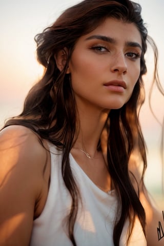 full format IMAX photo, Albanian grown woman, calmly side-eyeing the viewer, a woman with masculine features, sharp high cheekbones, bony face, messy hair, long hair, upper body, sharp lips, tank top, strong jawline, low eyelids, calm eyes, long eyelashes, neck muscles, full eyebrows, rugged girl, dark eyes, 

outdoors, 

photorealistic, 