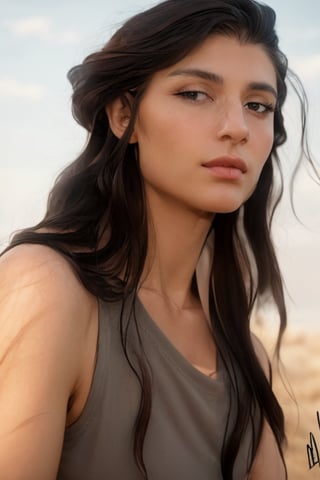 full format IMAX photo, Albanian grown woman, calmly side-eyeing the viewer, a woman with masculine features, sharp high cheekbones, bony face, messy hair, long hair, upper body, sharp lips, tank top, strong jawline, low eyelids, calm eyes, long eyelashes, neck muscles, full eyebrows, rugged girl, dark eyes, 

outdoors, 

photorealistic, 