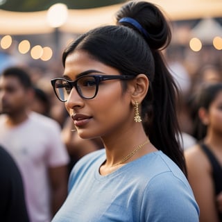 full format photo-realistic image of an Indian woman, black ponytail, She is wearing glasses, confident hype expression, wearing a navy blue ribbed T-shirt that is tight-fitting, a curvy figure, big nose,

standing in a crowd at a music festival, party lights, night, candid photo, full body shot, ((wide shot)), low angle shot, 

dark skin, nice skin, natural skin texture, highly detailed 8k skin texture, 

detailed face, detailed nose, realism, realistic, raw, photorealistic, stunning realistic photograph, smooth, actress 