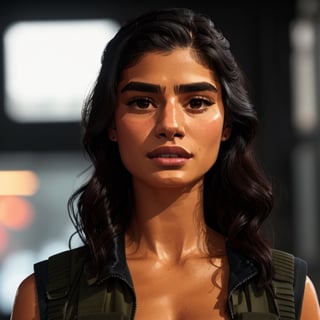 full format Modern Warfare  still of Diane Guerrero, realistic skin, Meybis Ruiz Cruz, photorealistic, perfectly framed view, stylized features, backlighting, in the style of the cycle frontier, More Detail, photorealistic, 