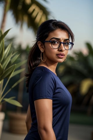 full format photo-realistic wide shot image of a Pakistani woman, Radhika Apte, Priyanka Chopra Jonas, short ponytail, wearing glasses, (((wearing a navy blue ribbed T-shirt that is tight-fitting))), standing in the middle of a dance circle, Coachella concert, confident hype expression, a curvy figure, small waist, big nose,

candid photo, full body shot, ((wide shot)), low angle shot, red and blue lights, night, 

small gold earrings, dark skin, nice skin, natural skin texture, highly detailed 8k skin texture, 

detailed face, detailed nose, realism, realistic, raw, photorealistic, stunning realistic photograph, smooth, actress ,more detail , ,Real Indian Girl, less detail,Revcow