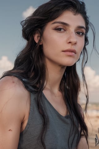 full format IMAX photo, Albanian grown woman, calmly side-eyeing the viewer, a woman with masculine features, sharp high cheekbones, bony face, messy hair, long hair, upper body, sharp lips, tank top, strong jawline, low eyelids, calm eyes, long eyelashes, neck muscles, full eyebrows, rugged girl, dark eyes, 

outdoors, 

photorealistic, 