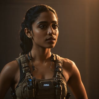 (((Full format imax still from a film))) of Sobhita Dhulipala (Zoe Kravitz), sci-fi PMC, solo, weapon, blurry, (((((muscular body))))}, realistic, full load bearing vest, ultra realistic detail, bokeh, dark room, intimate warm lighting, chest up, ((Close up Portrait)), In the style of Gareth Edwards, more detail XL,aesthetic portrait,Indian, cinematic moviemaker style,banita_sandhu,Movie Still