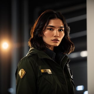 full format Modern Warfare still of Gemma Chan, realistic skin, Meybis Ruiz Cruz, photorealistic, perfectly framed view, stylized features, backlighting, in the style of the cycle frontier, More Detail, photorealistic, 