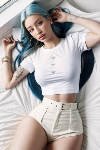 full format Instagram photo of ((Karol G)), 

((hourglass figure)), (((thin waist))), long blue hair, ((((white blank T-shirt)))), thigh shorts, pale skin, 

lying on her back, wide shot, waist up, 

in bed, overexposed morning sun shining from the window, top-down view, wide angle, in the style of an Instagram model, with the body of Iggy Azalea, Crop top overhang,photorealistic