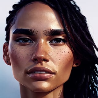 full format portrait of zoe kravitz, ((realistic human face proportions)), Meybis Ruiz Cruz, photorealistic, perfectly framed portrait,arcane style