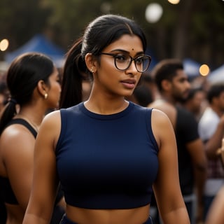 full format photo-realistic image of an Indian woman, black ponytail, She is wearing glasses, confident hype expression, wearing a navy blue ribbed T-shirt that is tight-fitting, a curvy figure, big nose,

standing in a crowd at a music festival, party lights, night, candid photo, full body shot, ((wide shot)), low angle shot, 

dark skin, nice skin, natural skin texture, highly detailed 8k skin texture, 

detailed face, detailed nose, realism, realistic, raw, photorealistic, stunning realistic photograph, smooth, actress 