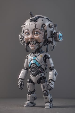 cute toy robot standing, creepy, chibi style, kid face, smiling, dark background, octane, realism, gear00d
