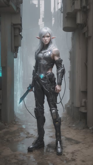 Masterpiece, Best Quality, highres, full body, highly detailed, Amidst a torrent of data streams, a cybernetically-enhanced elf exudes rebellious energy. His elven features peek through the chrome and wires, a defiance against the machine's dominance. Anarchy symbols and elven markings blend seamlessly on his leather armor, a fusion of rebellion and tradition. He clutches a scavenged blade, its glow contrasting the cold data that surrounds him. Tattoos, a mix of elven script and circuit diagrams, tell a story of both magic and defiance. He stands tall, a symbol of hope in the face of oppressive technology, a wild spirit untamed by the digital storm.