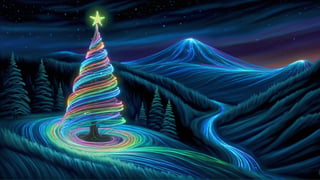 Realistic,  high resolution, a mesmerizing display of bioluminescent brilliance, a bendy christmas tree emerges from the forest, glowing with vibrant hues that dance and swirl like illuminated ribbons. As it moves, its luminous presence paints the world with cascades of enchanting colors, casting a spell of awe and wonder upon the rolling hills and mountains surrounding it., 
(masterpiece 1:2, realistic 1:2)