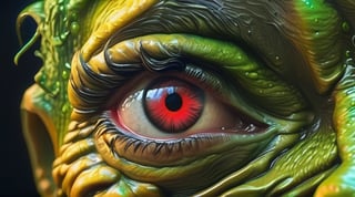 realistic old or child hag, wrinkled with 3 eyes, smiling playfully, inbred with realistic horror creature from Space. terraforming. Alien Flora,  large gazing eyes, close-up, hyper detailed, rich colours, red green, rich dark shadows, yellow, bioluminescent, colourfull, glow, fluid slime glowingslobber, oozing, dripping, moist, fleshy, trending on artstation, sharp focus, studio photo, intricate details, highly detailed, glossy, slimy, mucous, by greg rutkowski detailed face, hyper realistic
 detailed skin,isni,traditional,detailmaster2