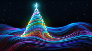 Realistic,  high resolution, a mesmerizing display of bioluminescent brilliance, a bendy christmas tree emerges glowing with vibrant hues that dance and swirl like illuminated ribbons. As it moves, its luminous presence paints the world with cascades of enchanting colors, casting a spell of awe and wonder upon the rolling hills and mountains surrounding it., 
(masterpiece 1:2, realistic 1:2