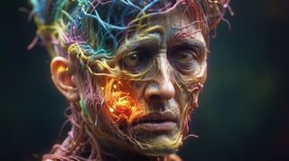 maggots writhing all over the rotting head, sad, with centepedes, vivid color blends, organic, realistic, detalied_background