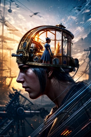 Balance of steampunk machines, nature and mankind, Realisim, photographic, masterpeice, cinematic, Head close-up, Add more detail,ff14bg,Add more detail