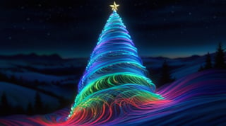 Realistic,  high resolution, a mesmerizing display of bioluminescent brilliance, a bendy christmas tree emerges glowing with vibrant hues that dance and swirl like illuminated ribbons. As it moves, its luminous presence paints the world with cascades of enchanting colors, casting a spell of awe and wonder upon the rolling hills and mountains surrounding it., 
(masterpiece 1:2, realistic 1:2