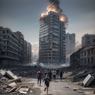 A devastated city, looking like Warsaw after the massacre in World War 2, with smoke rising everywhere from the ruins, survivors struggle to dig out of the rubble, hundreds of civilians running in all directions with some fighting over food. many people running toward viewer.