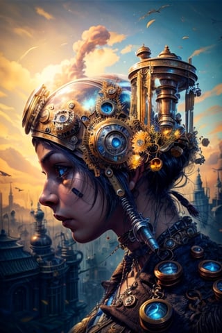 Balance of steampunk machines, nature and mankind, Realisim, photographic, masterpeice, cinematic, waist to head close-up, Add more detail,ff14bg,Add more detail,cart00d